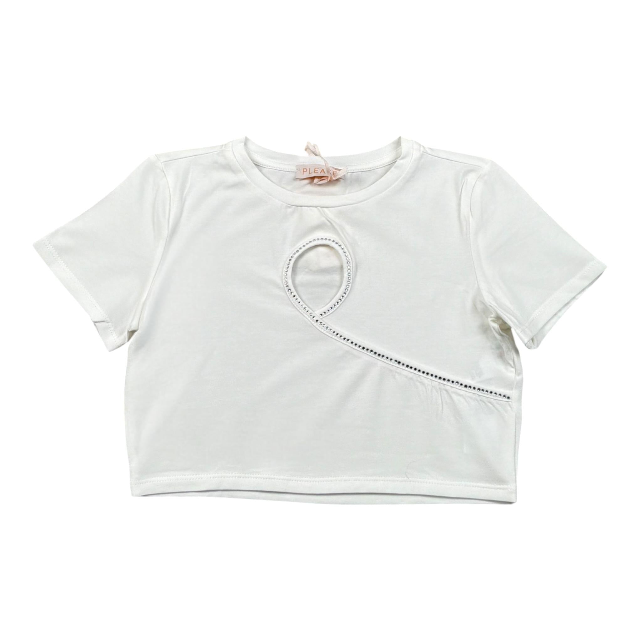Please T-Shirt Modello Crop Tinta Unita con Brillantini per Bambina MB26032G73 BIANCO PLEASE 