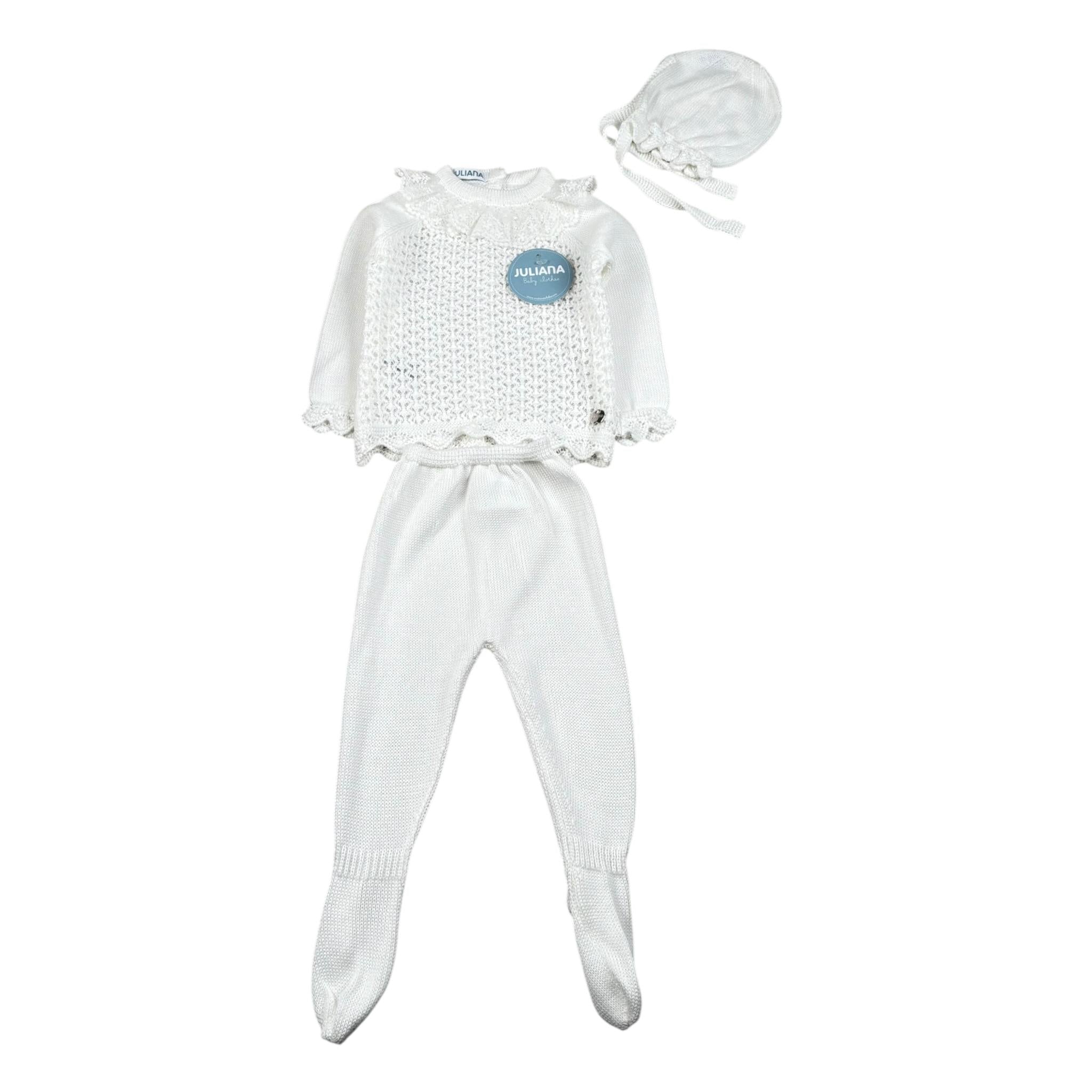 Juliana Completo 3 Pezzi Maglia-Ghettina-Cappello Bianco per Neonata 25036 BIANCO JULIANA 