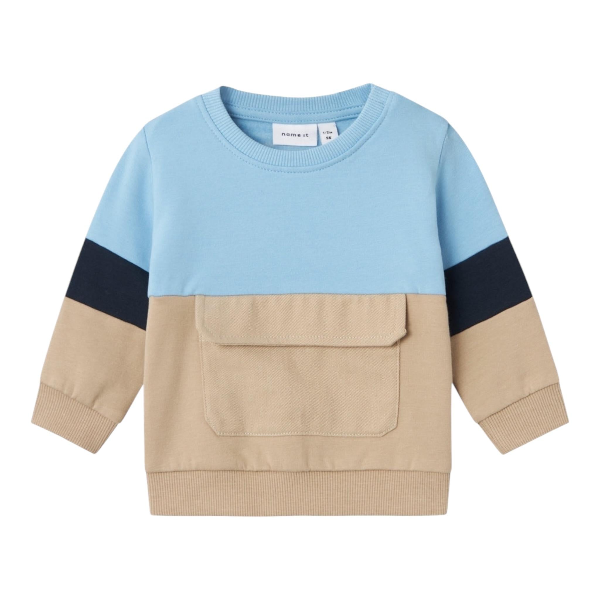 NAME.IT felpa chiusa bicolore girocollo con tasca Azzurro/beige per Neonato 13236280 AZZURRO/BEIGE NAME.IT 