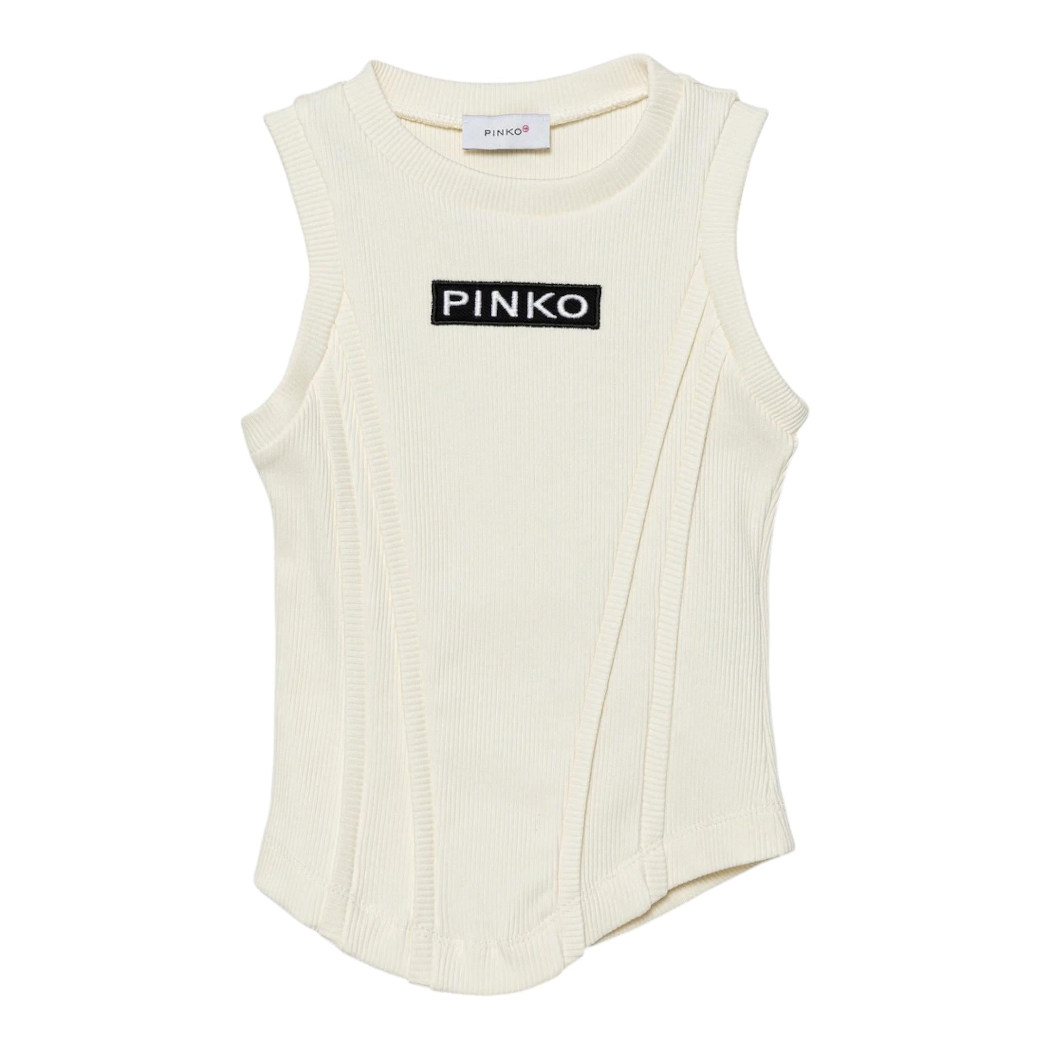 Pinko Canotta Girocollo Tinta Unita con Log per Bambina KFTS012 PANNA PINKO 