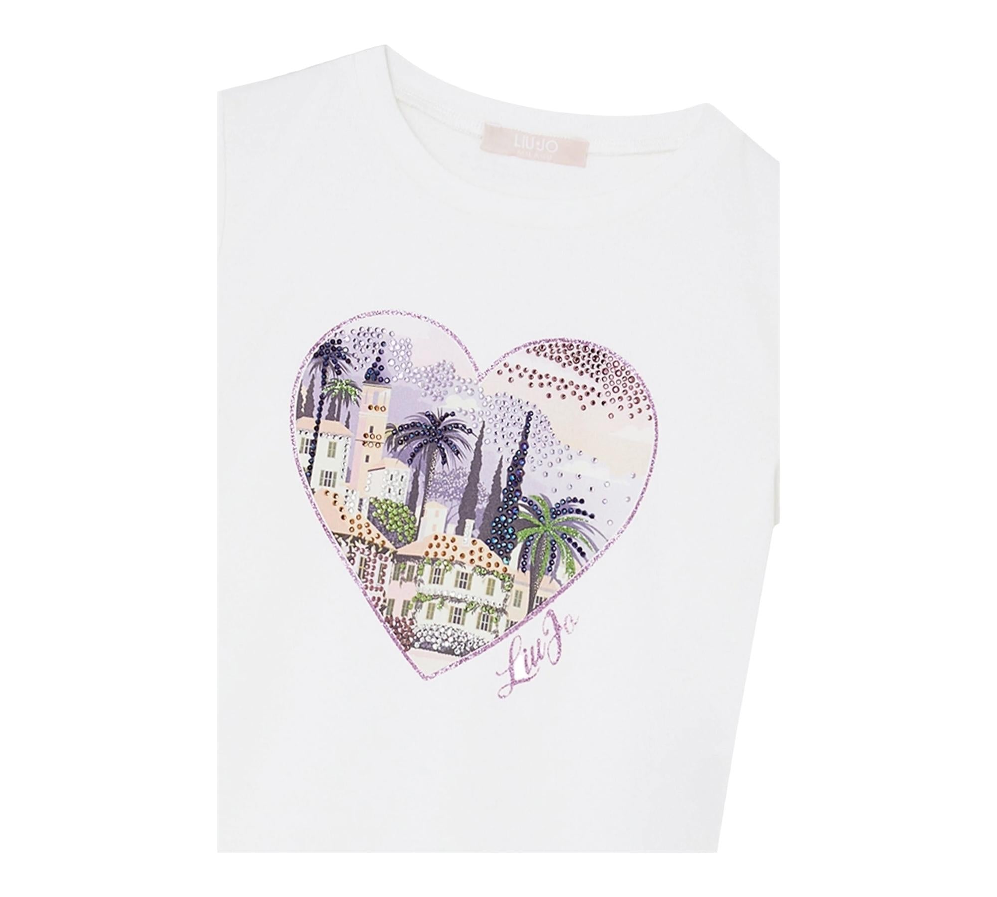 Liu Jo T-Shirt Girocollo Tinta Unita con Stampa E Brillantini per Bambina KA5093X BIANCO LIU JO 