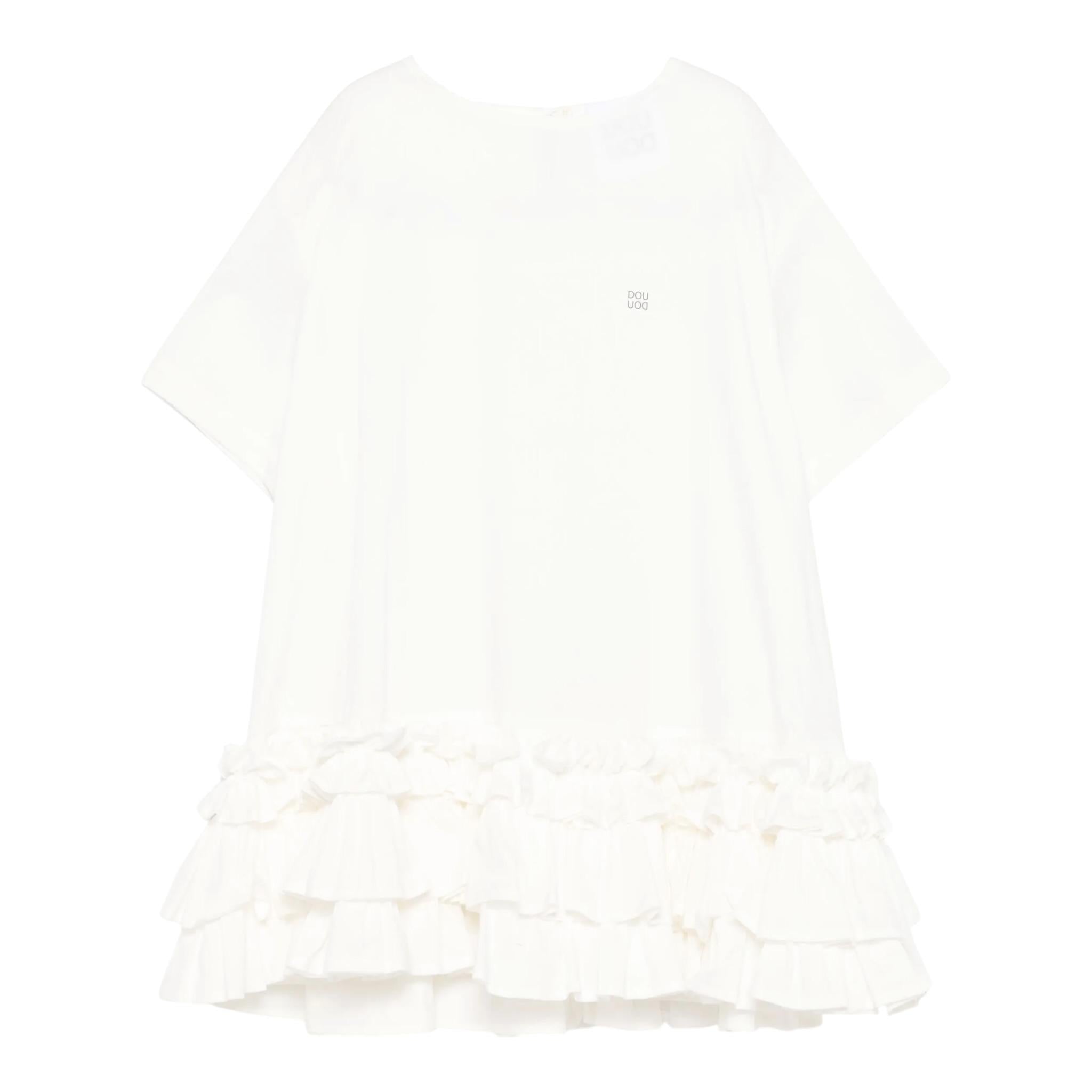 Dou Dou Abito Tinta Unita Mezza Manica con Balze per Bambina DW1A61X BIANCO DOU DOU 