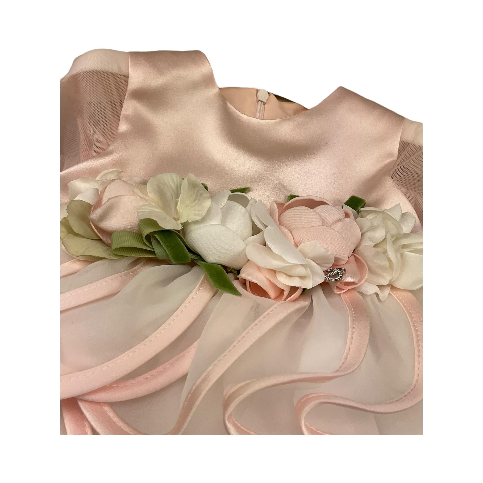 Petit Abito Manica Lunga Velata Tinta Unita con Applicazioni Fiori per Neonata S2016043 ROSA PETIT 