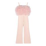 Elisabetta Franchi Tuta Intera Tinta Unita Con Tulle E Bretelline Rosa Per Bambina