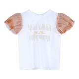Odi Et Amo T-Shirt Girocollo Tinta Unita con Maniche In Tulle Bianco per Neonata