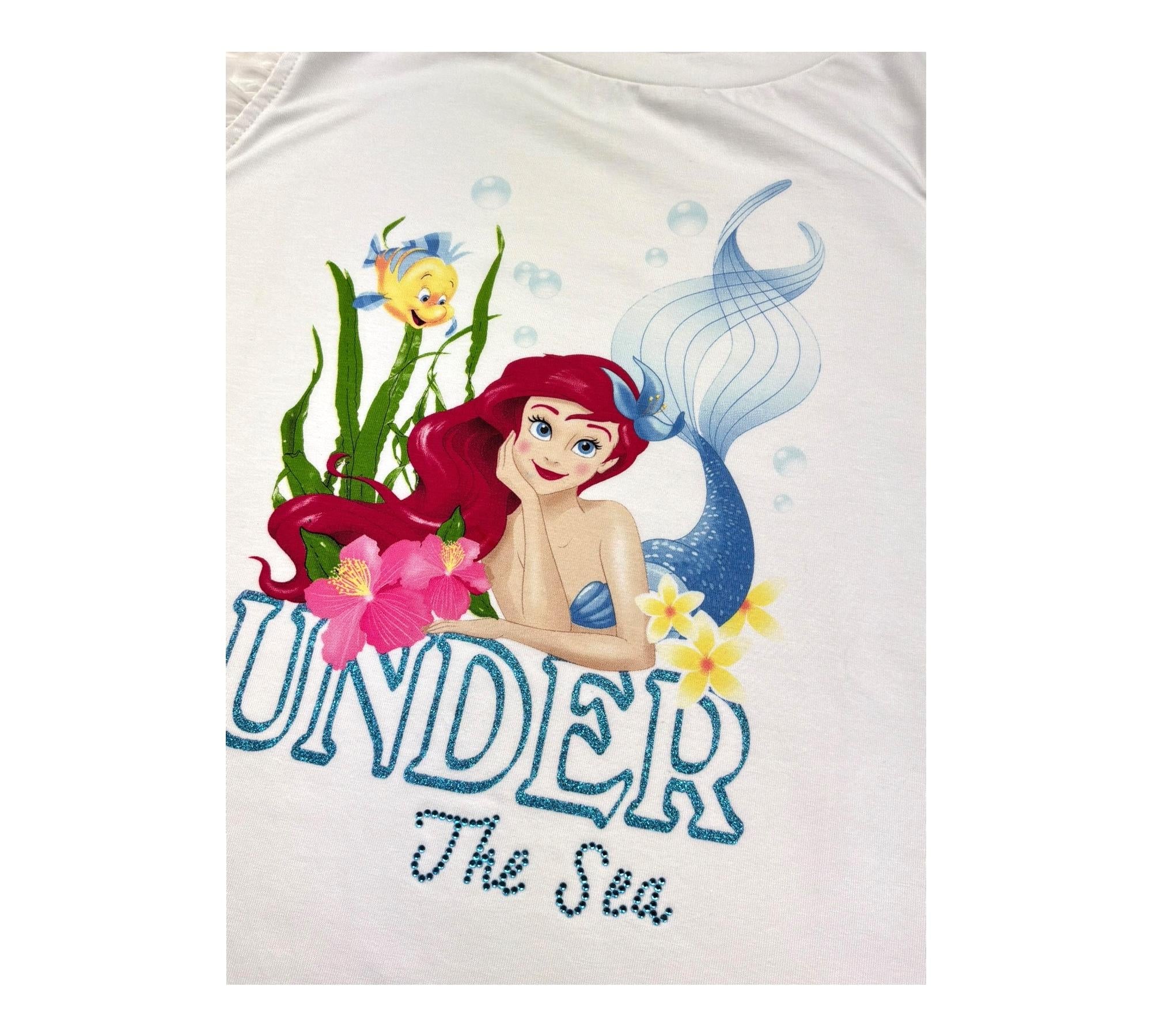 Monnalisa T-Shirt Girocollo Tinta Unita con Stampa Ariel per Bambina 113629PC BIANCO MONNALISA 