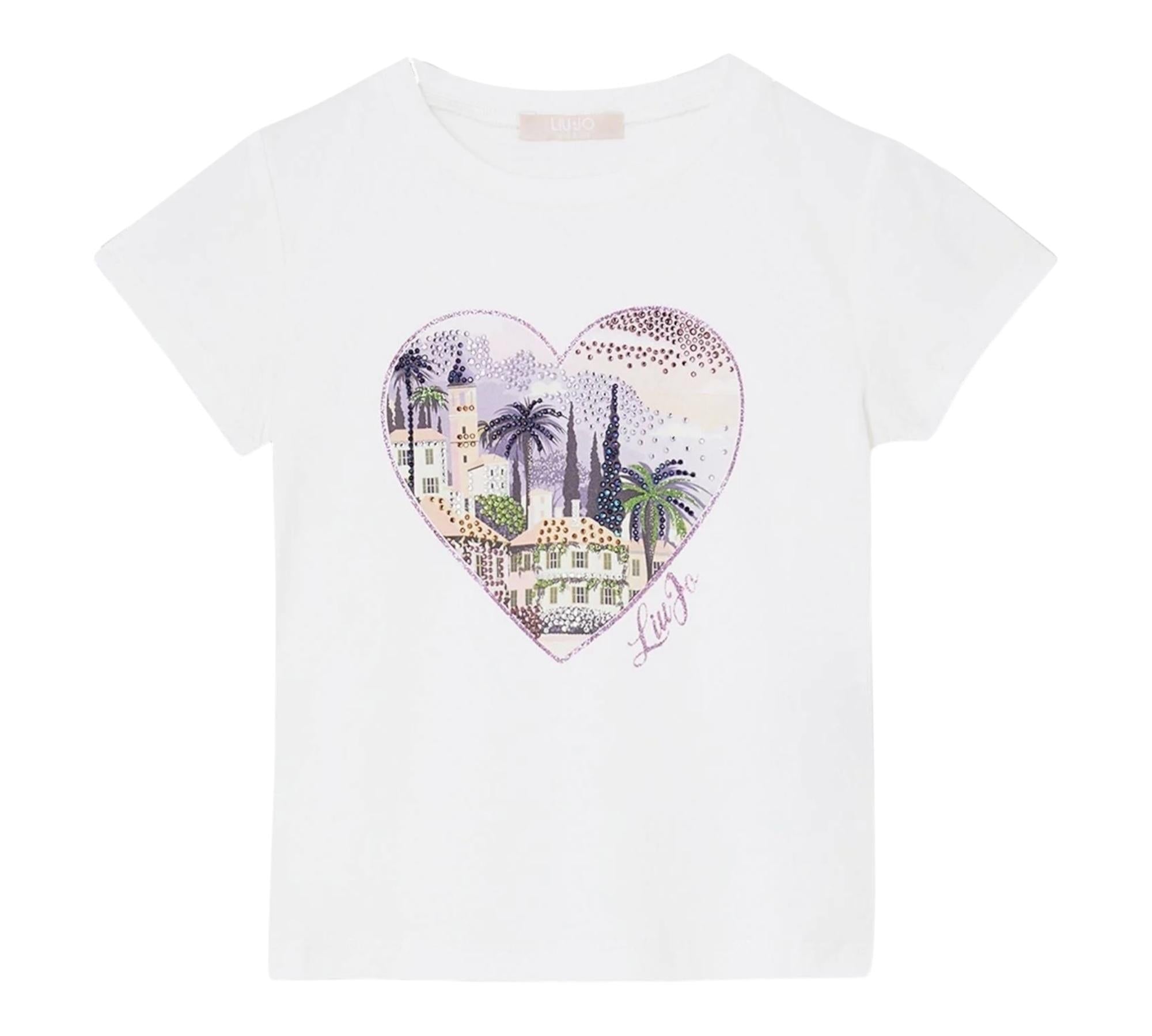 Liu Jo T-Shirt Girocollo Tinta Unita con Stampa E Brillantini per Neonata KA5093NX BIANCO LIU JO 
