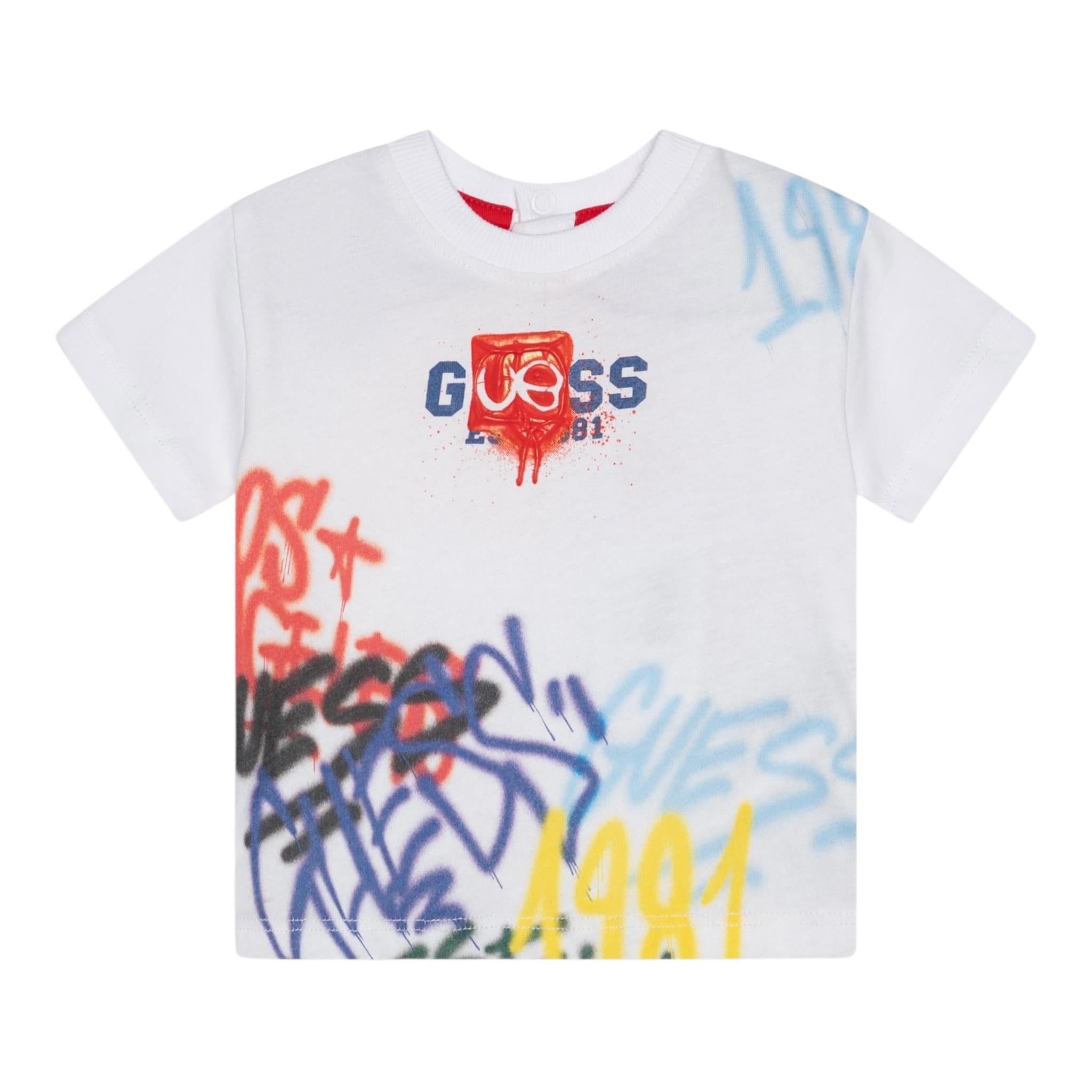 Guess T-Shirt Girocollo Tinta Unita con Stampe per Neonato N5RI11K8HM4 BIANCO GUESS 