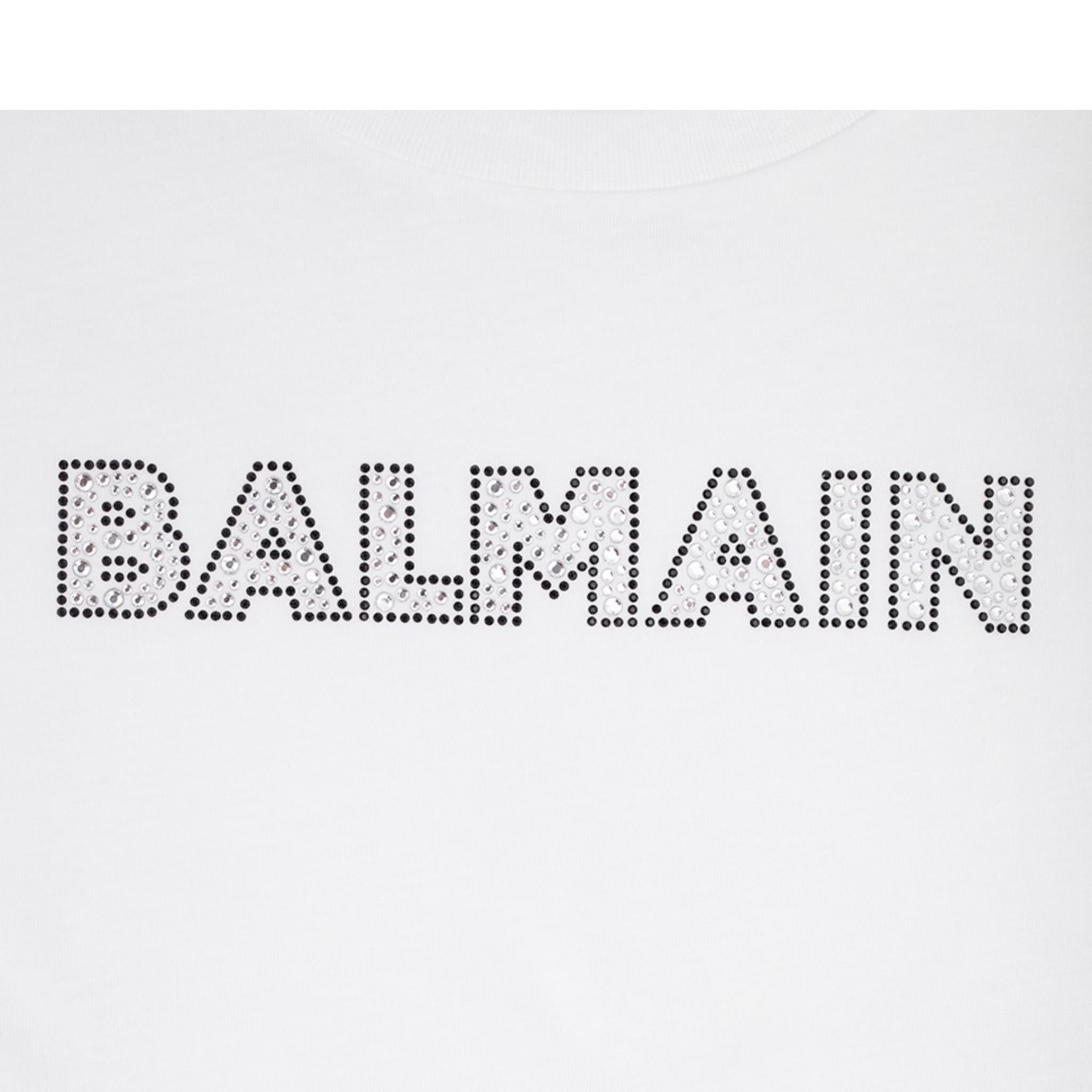 Balmain T-Shirt Girocollo Tinta Unita con Brillantini per Bambina BS8B61 BIANCO BALMAIN 