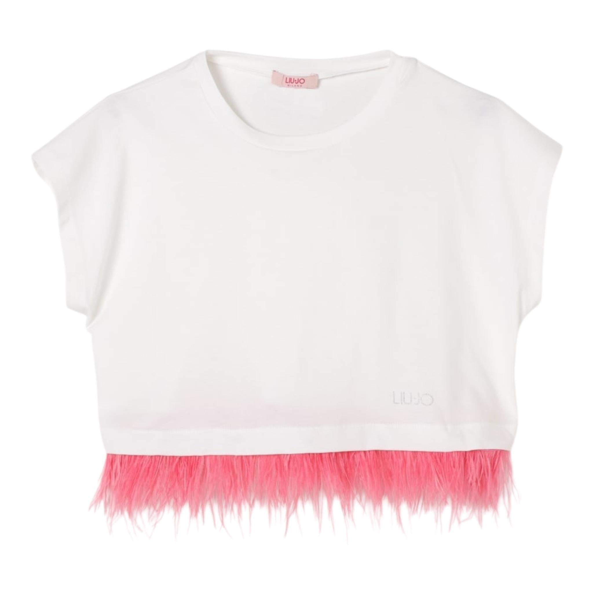 Liu Jo T-Shirt Girocollo Tinta Unita con Stampa E Piume per Bambina GA5169 BIANCO LIU JO 