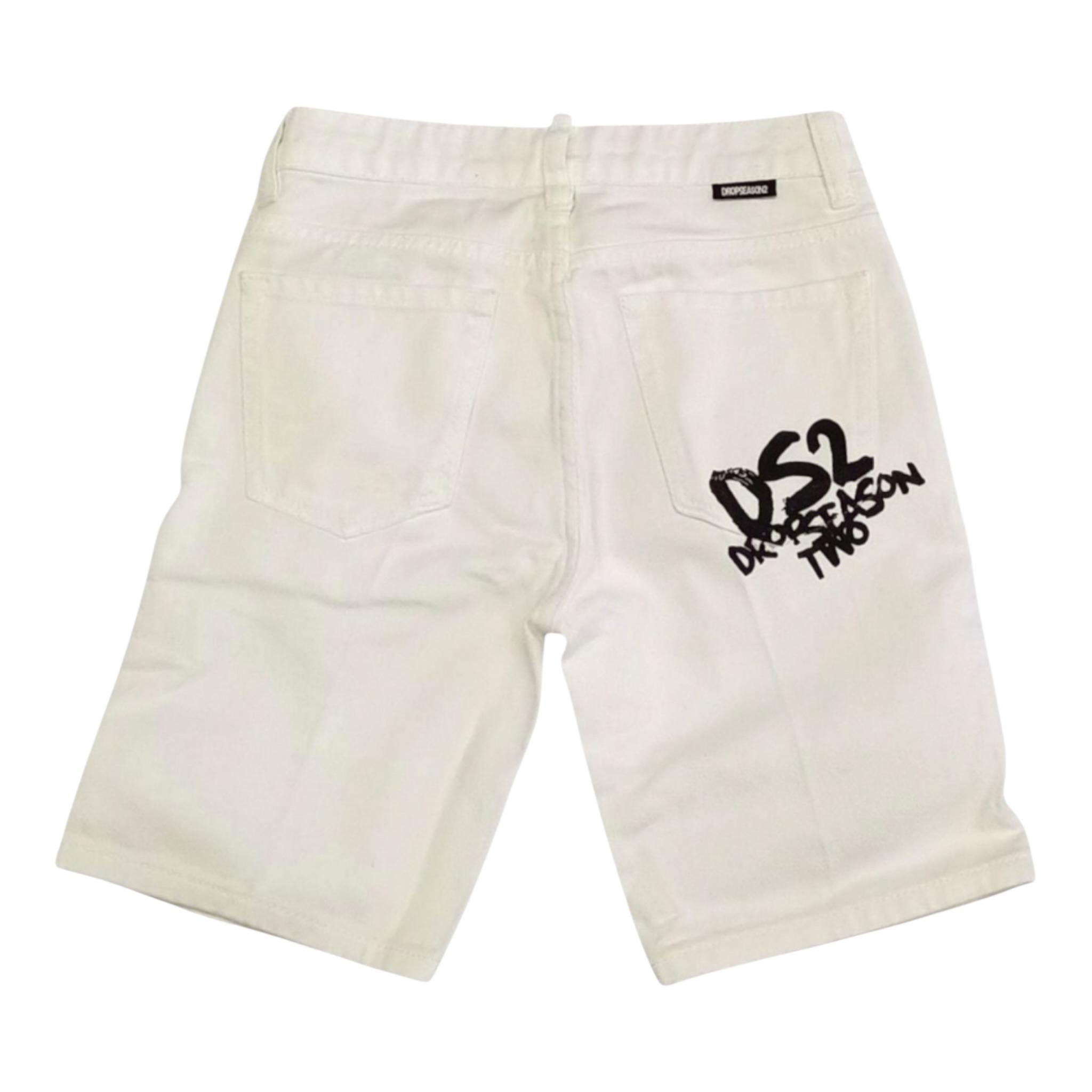 Dropseason2 Bermuda In Denim Tinta Unita con Stampa per Bambino SS25K002 BIANCO DROPSEASON2 