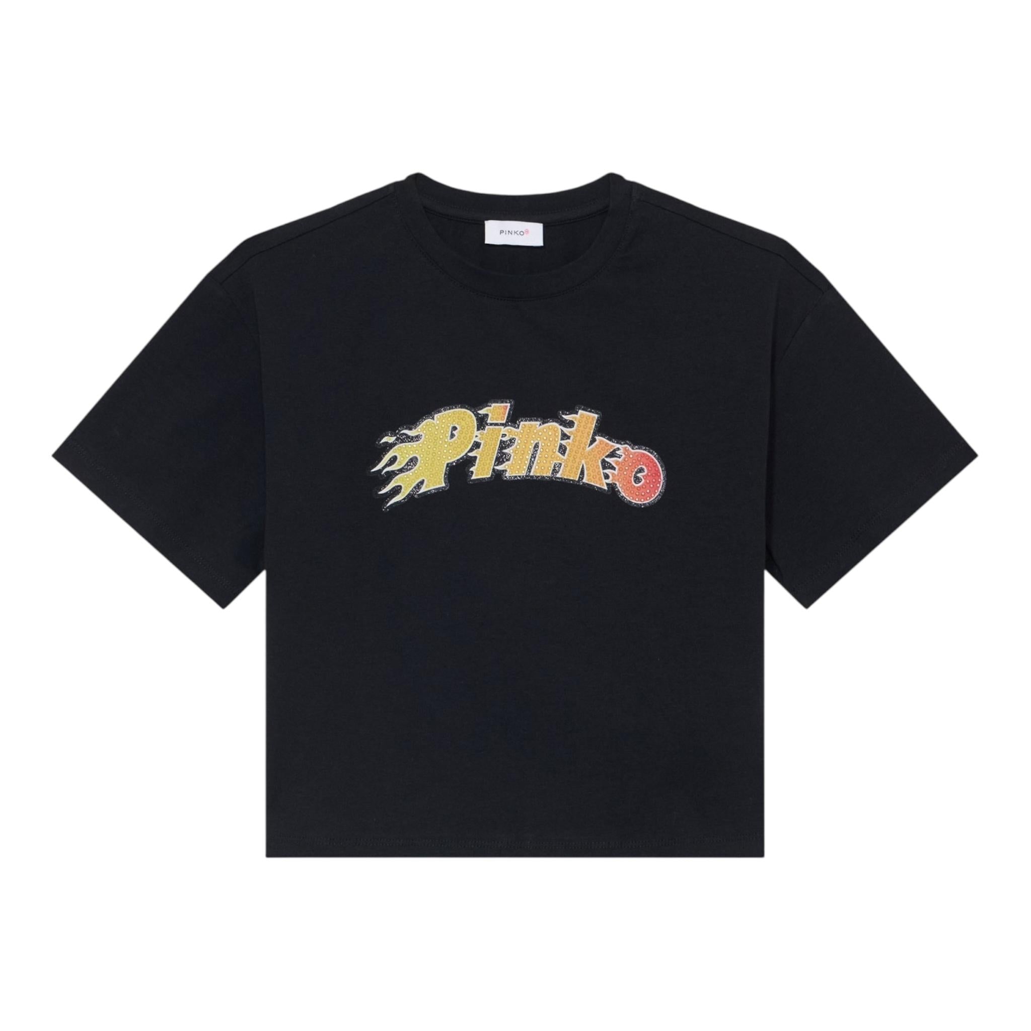 Pinko T-Shirt Girocollo Tinta Unita con Logo per Bambina KFTS001 NERO PINKO 