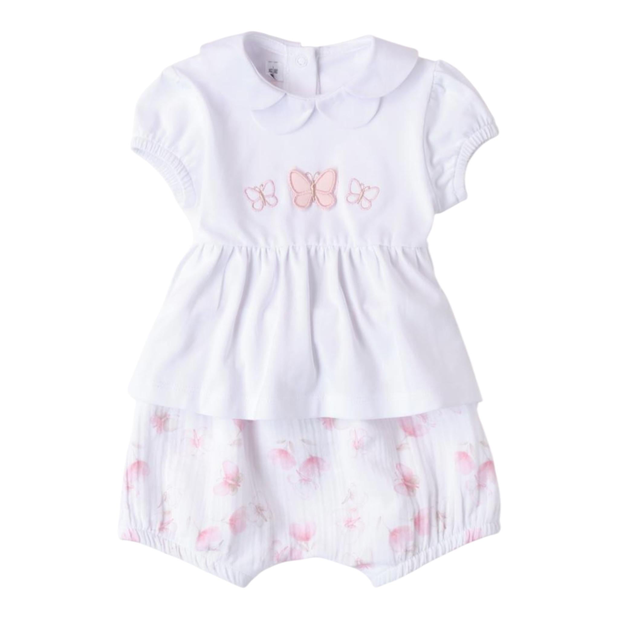 Minibanda Completo 2 Pezzi Short-T-Shirt Tinta Unita con Stampa Farfalle per Neonata 3B760 BIANCO MINIBANDA 