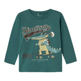 Name.It Shirt Girocollo Tinta Unita Con Stampa In Contrasto Verde Per Bambino