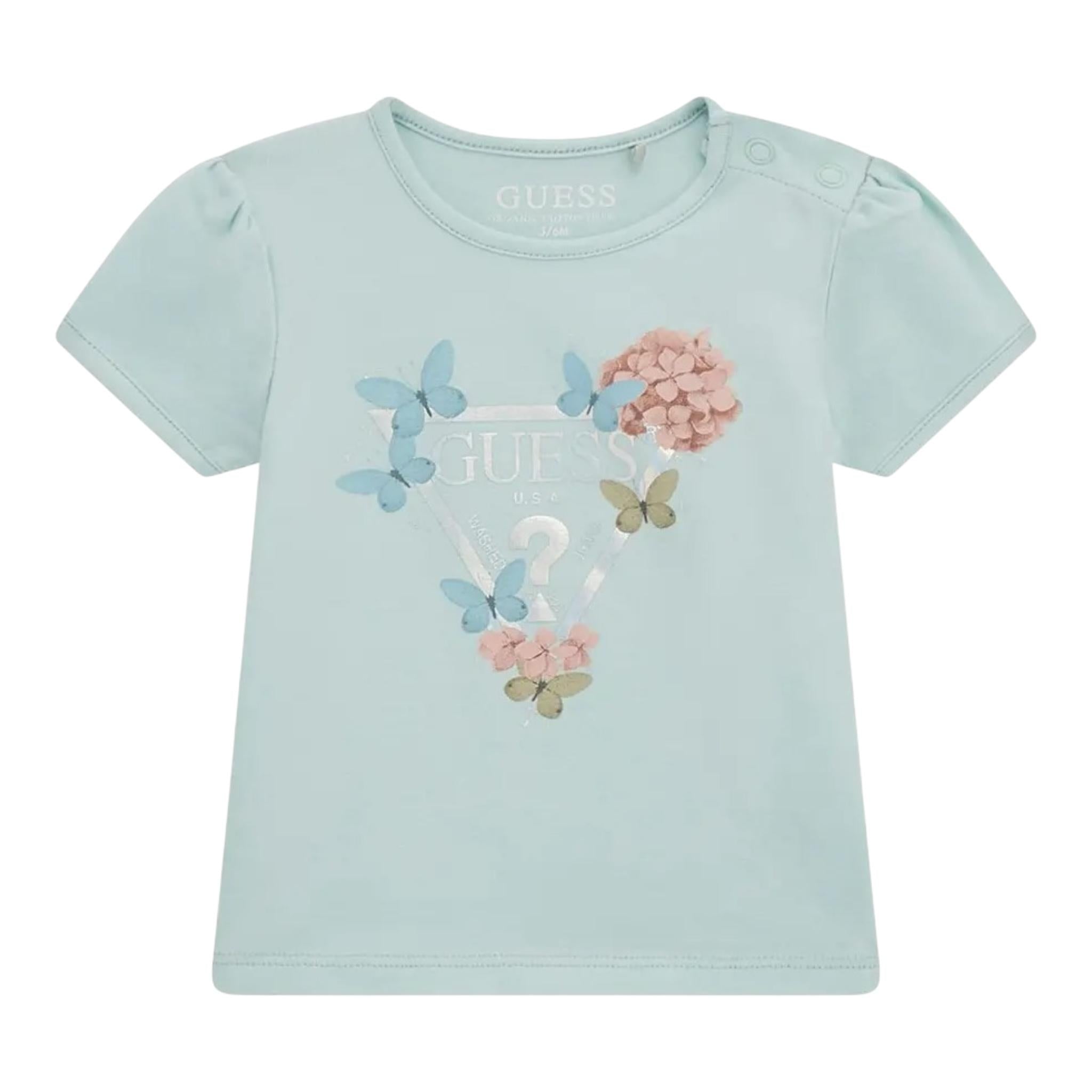 Guess T-Shirt Girocollo Tinta Unita con Logo per Neonata A5RI03K6YW4X VERDE ACQUA GUESS 