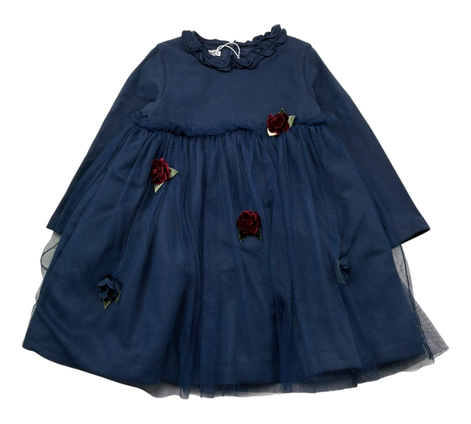 Le Bebe Abito Manica Lunga Tinta Unita con Tulle per Bambina LBG1122J BLU LE BEBE 
