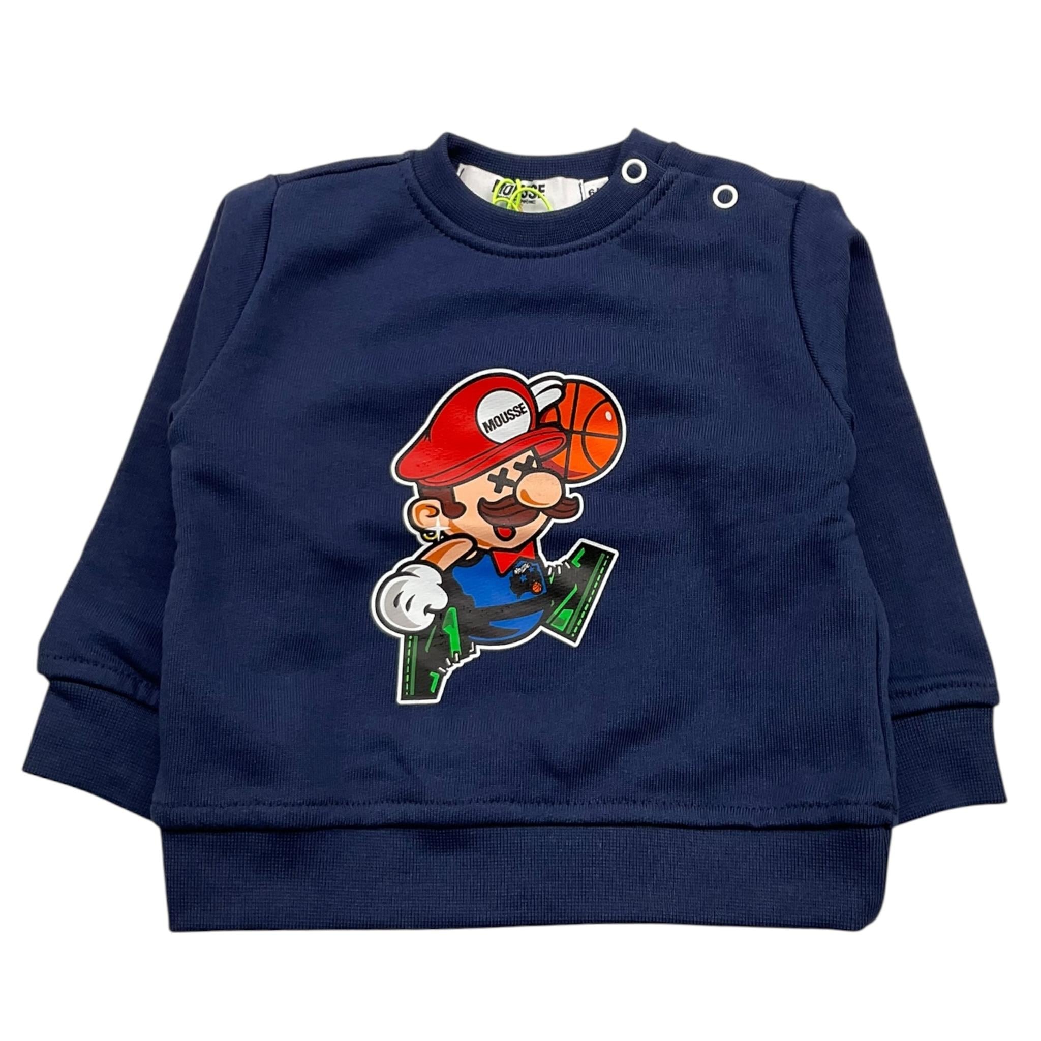 MOUSSE felpa chiusa girocollo tinta unita con stampa mario Blu per Neonato HKNFG368N BLU MOUSSE 