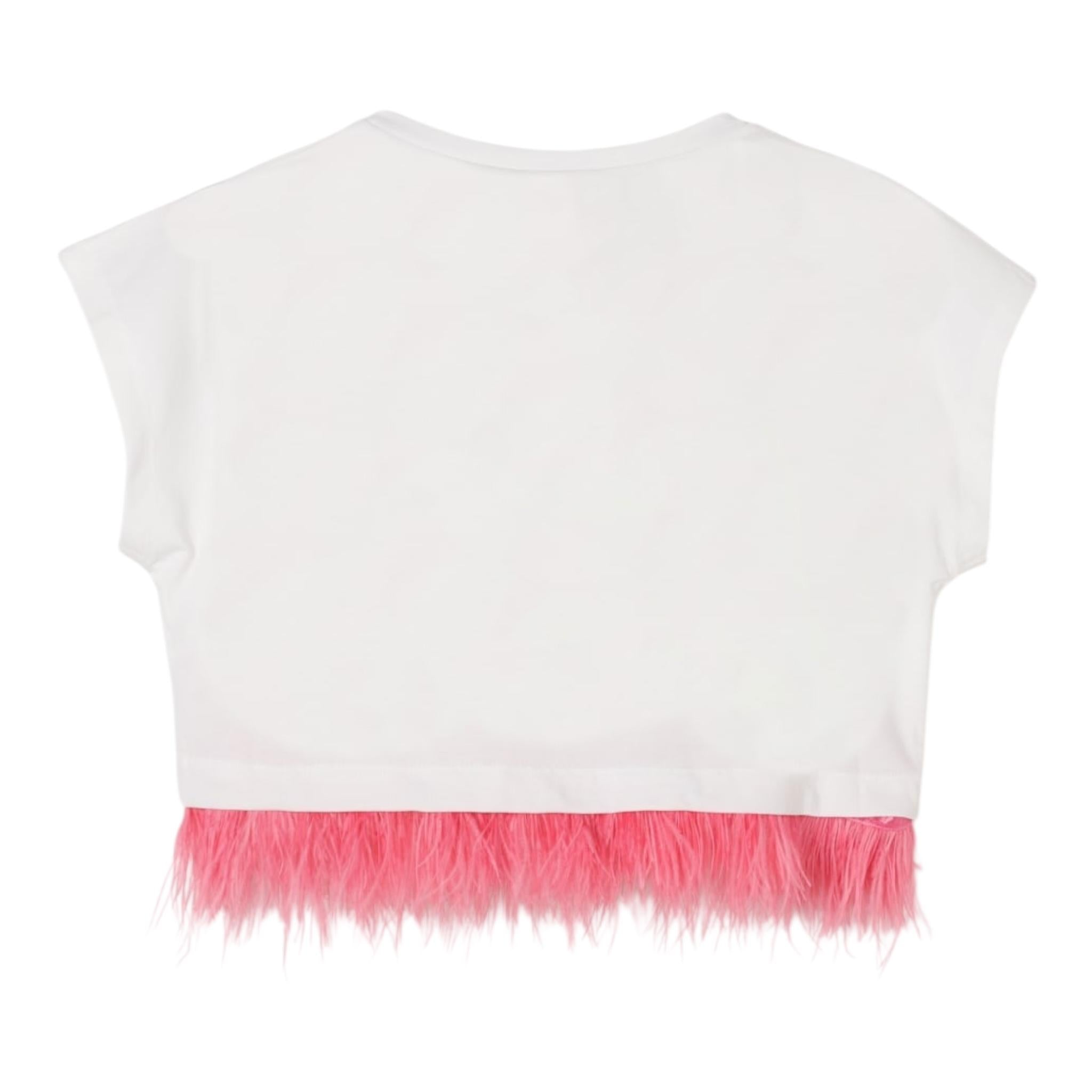 Liu Jo T-Shirt Girocollo Tinta Unita con Stampa E Piume per Bambina GA5169 BIANCO LIU JO 