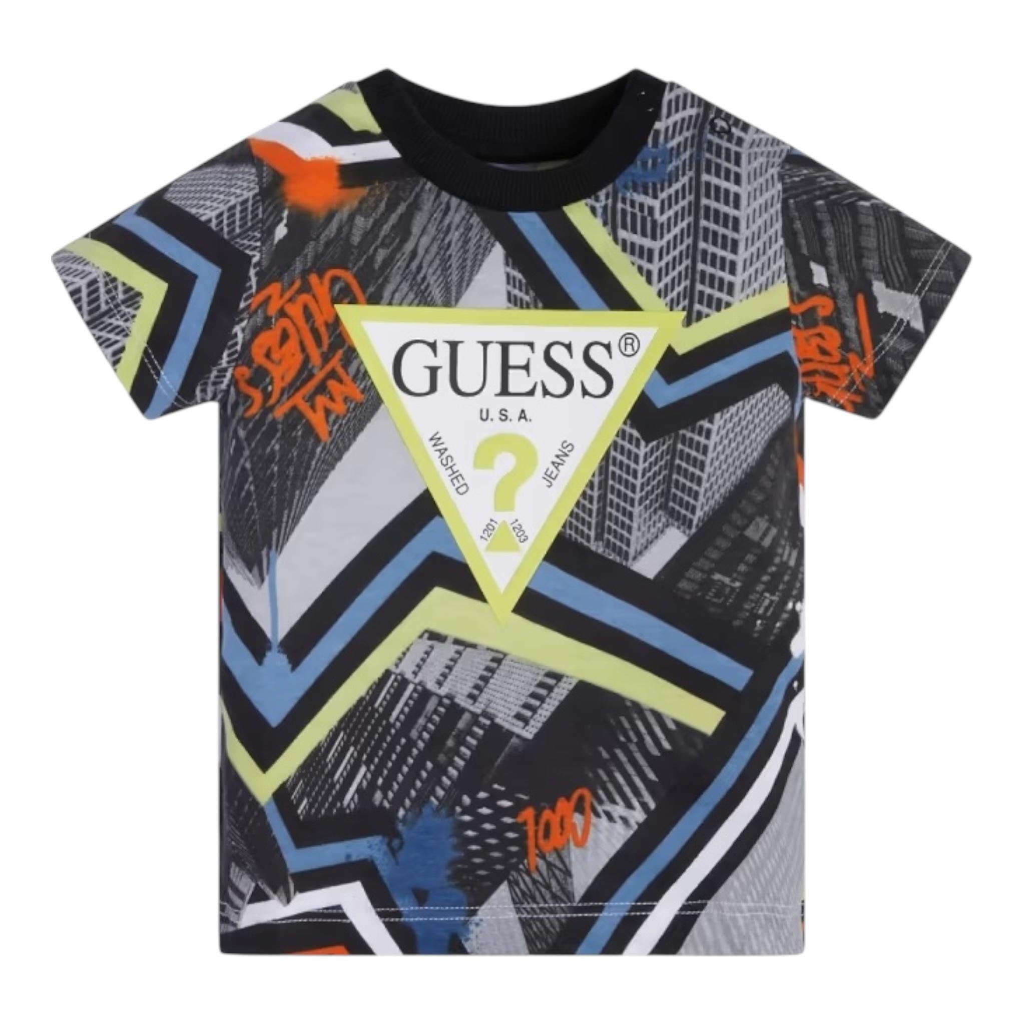 Guess T-Shirt Gircollo Tinta Unita con Stampa per Neonato N3RI06K8HM3 NERO GUESS 