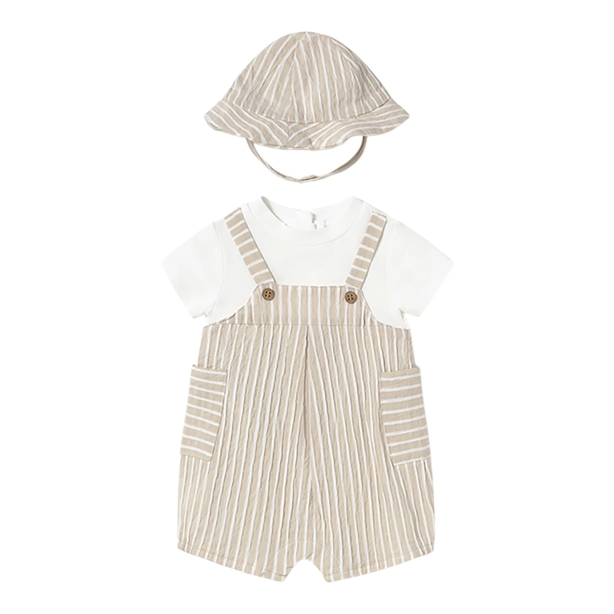 Mayoral Set Pagliaccetto Bicolore con Fantasia A Righe-Cappello per Neonato 1602X BIANCO/BEIGE MAYORAL 
