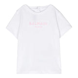Balmain T-Shirt Girocollo Tinta Unita Con Stampa Logo Bianco Per Neonata