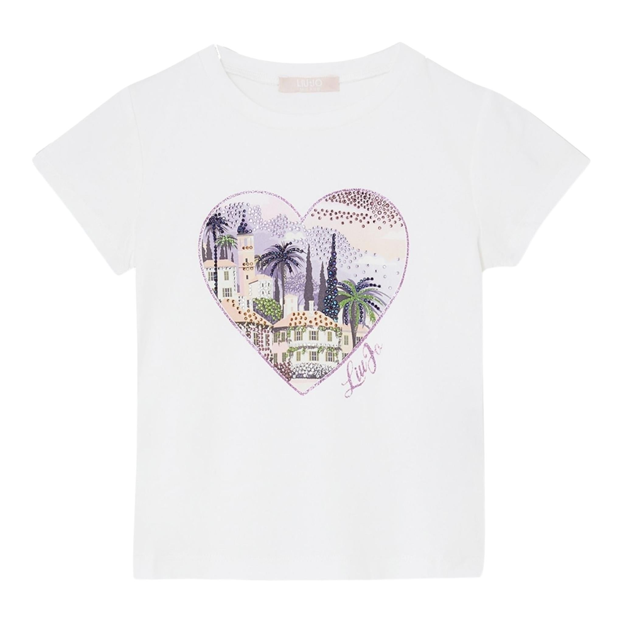 Liu Jo T-Shirt Girocollo Tinta Unita con Stampa E Brillantini per Bambina KA5093JXX BIANCO LIU JO 