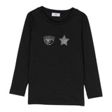 Chiara Ferragni Shirt Girocollo Tinta Unita Con Brillantini Nero Per Bambina