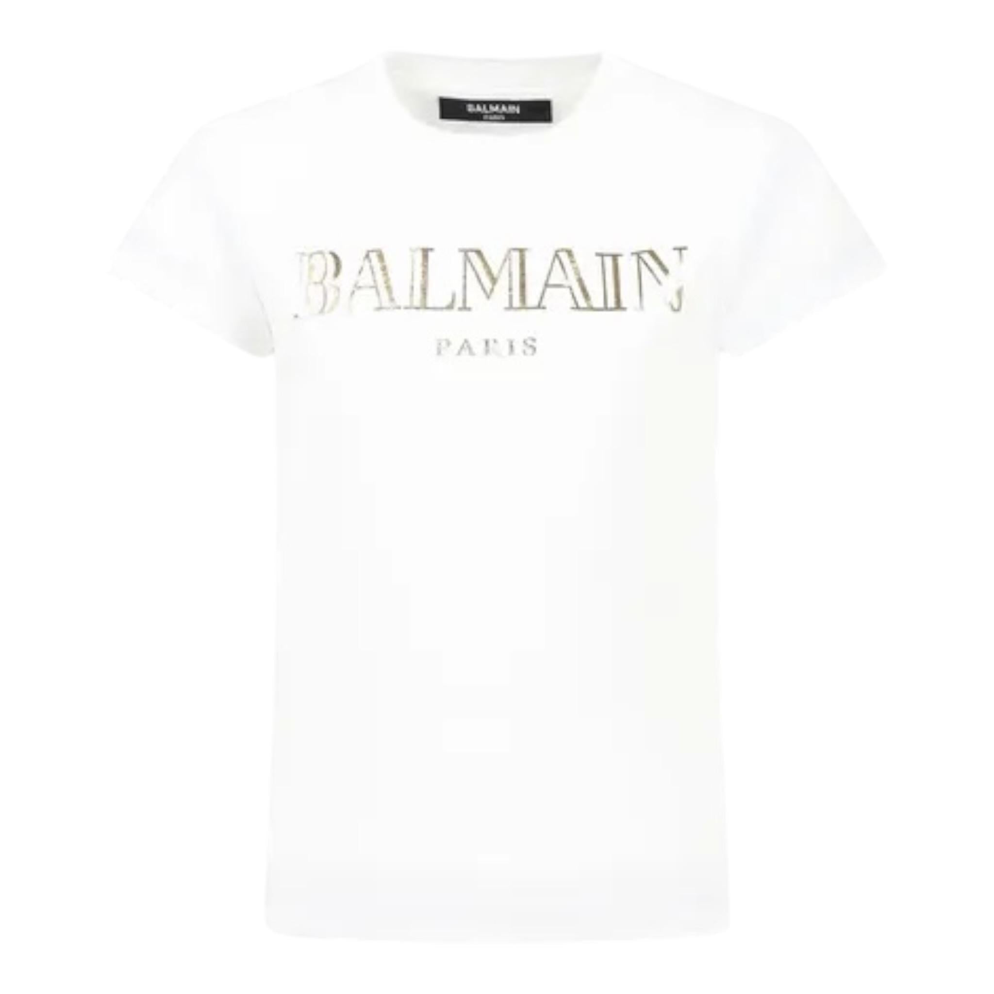 Balmain T-Shirt Girocollo Tinta Unita con Logo per Bambina BW8A91X BIANCO BALMAIN 