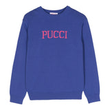 Emilio Pucci Maglioncino Girocollo Tinta Unita Con Stampa Logo Blu Per Bambina