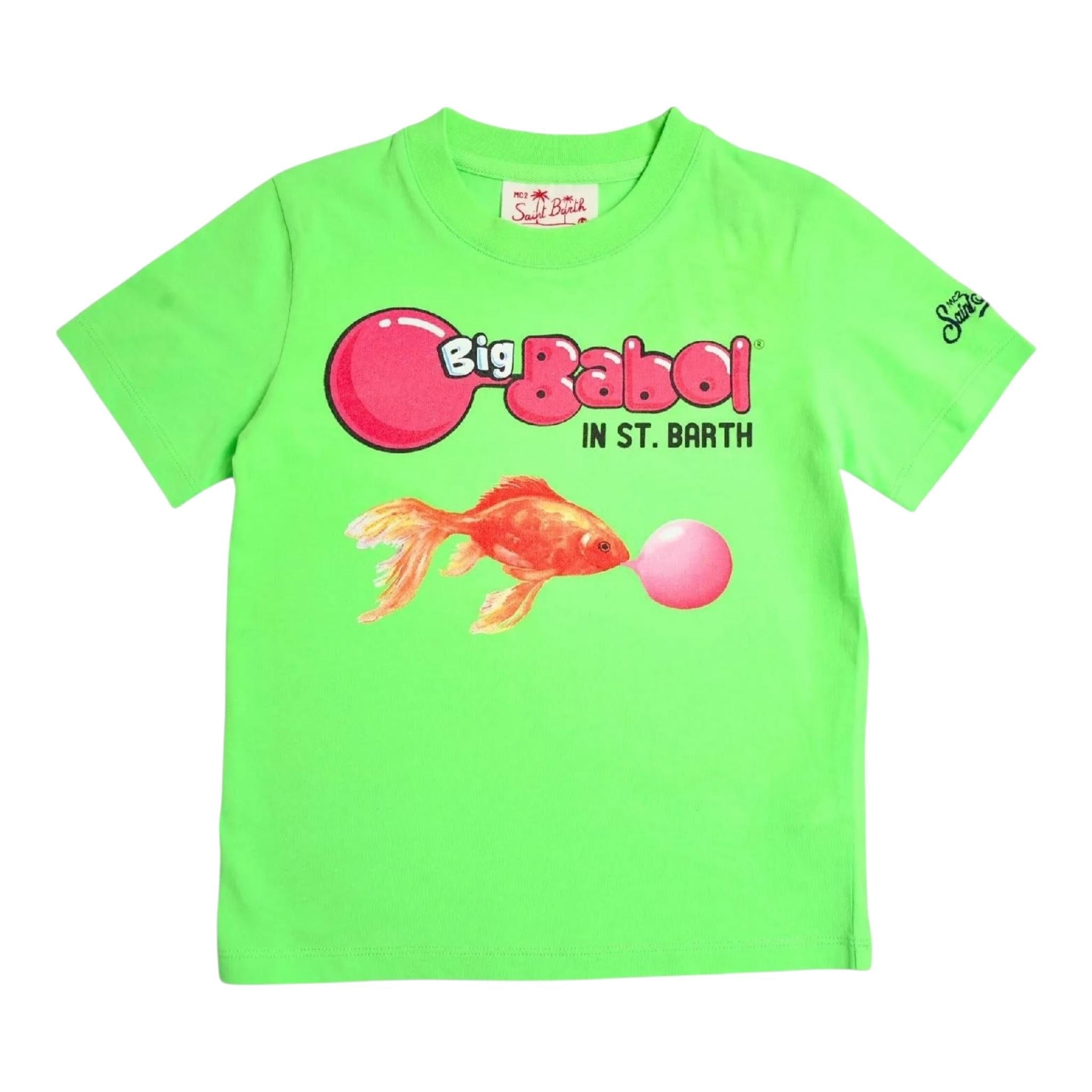 Saint Barth T-Shirt Girocollo Tinta Unita con Stampa In Contrasto per Bambino GOLDFISH VERDE FLUO SAINT BARTH 