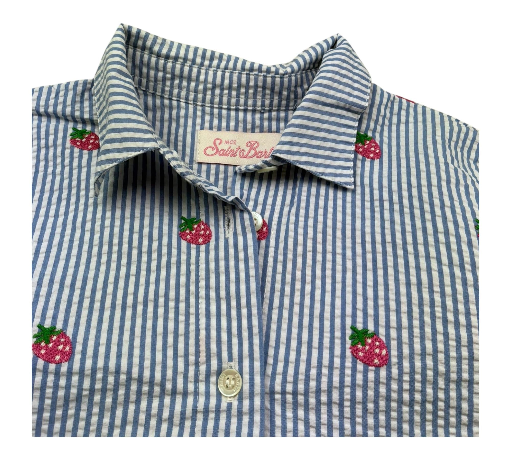 Saint Barth Camicia Manica Lunga Fantasia A Irghe E Ricami Fragole per Bambina MINIBRIGITTE BLU SAINT BARTH 