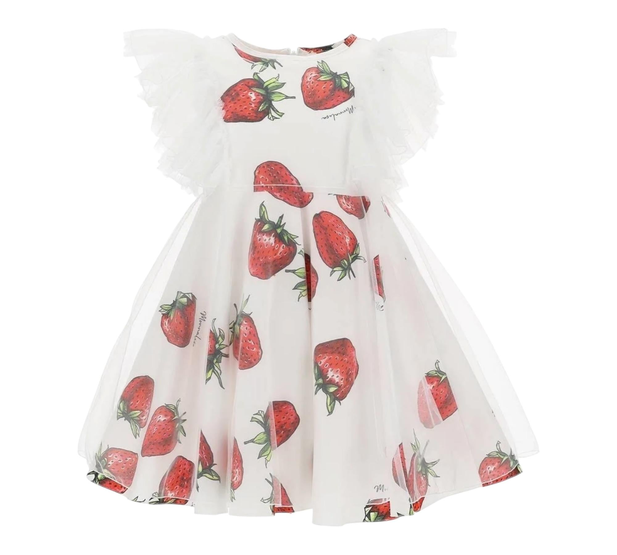 Monnalisa Abito Giromanica Tinta Unita Fantasia Fragole per Bambina 117923 BIANCO MONNALISA 