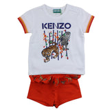 Kenzo Completo Bicolore T-Shirt Girocollo Con Stampa-Bermuda Con Balze